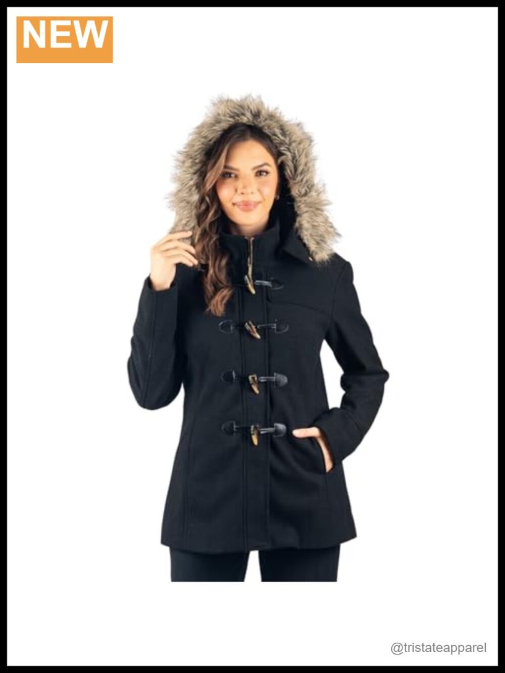 Wool Blend Toggle Coat Removable Faux Fur Hood Duffle Overcoat Mid-Thigh Winter